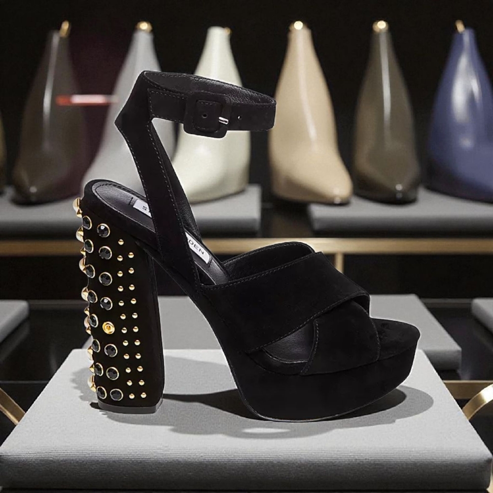 Black Studded Platform Sandal -  Women's High Heel Ankle Strap
